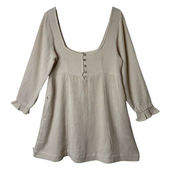 NEW Free People Go-To Ecru Waffle Knit Mini Drs SzM Boho, Cottagecore, Milkmaid - Picture 2 of 16